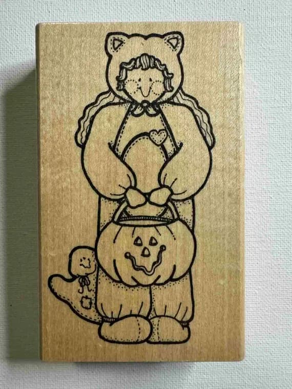 hunter none - 2.75x4.5" 1993 Halloween Trick or treat Wood Mounted Rubber Stamp. Item# M0335 By: Darcie Hunter Country folk Products.