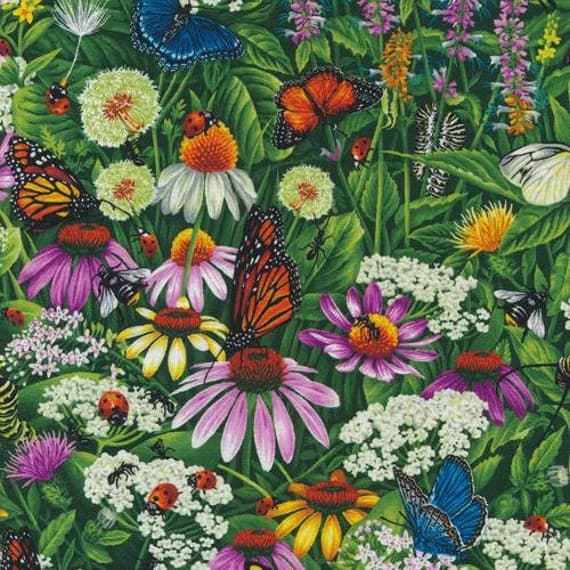 cotton fabric - Frolicking Fields - Wildflowers & Butterflies - Paintbrush Studio Cotton Fabrics