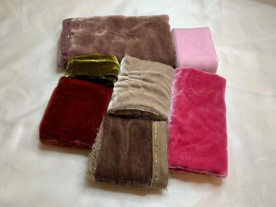 none - Hand Dyed Silk Velvet Fabric & Ribbon Remnant Lot Scrap Bag #89