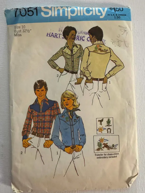 none - 1975 Simplicity Woman's Western Shirt with Embroidery Transfer. Pattern # 7051 Size: 10