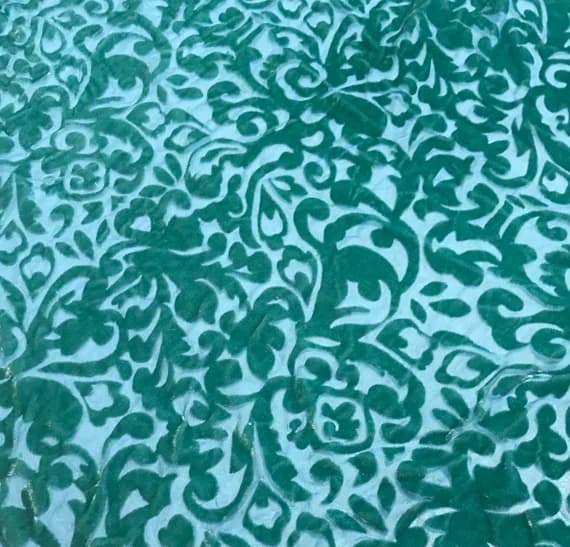 teal velvet fabric - Teal Blue Scroll - Hand Dyed Burnout Silk Velvet