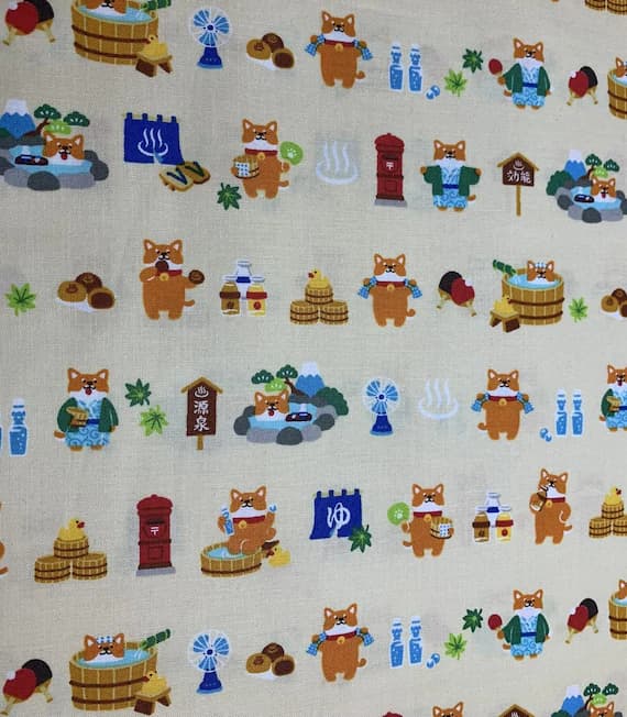 cotton fabric - Shiba Inu Dogs - Beer & Hot Spring - Cosmo Japan Cotton Sheeting Fabric