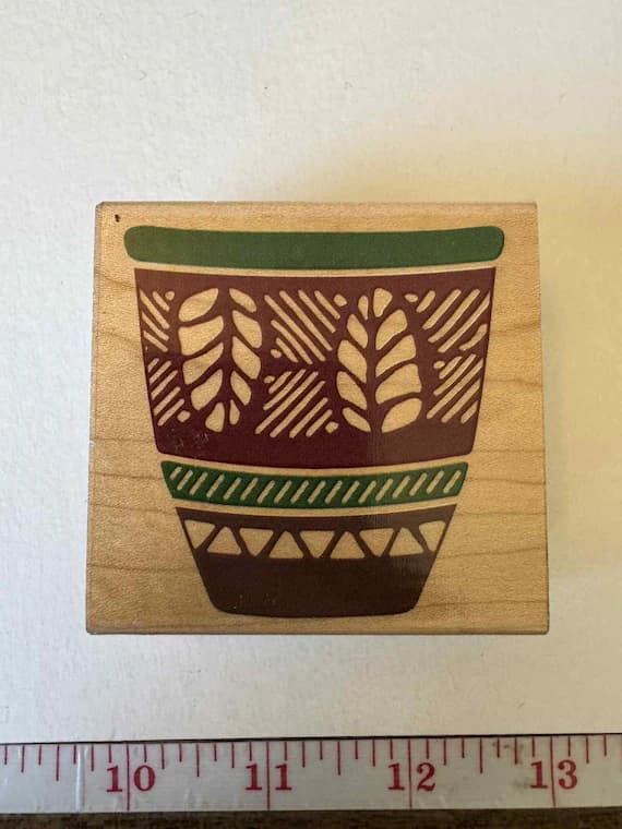 fabric - 2.25"x2.25"Ethnic Tribal Print Pot Potted Plant Wood Mounted Vintage rubber stamp by All Night Media