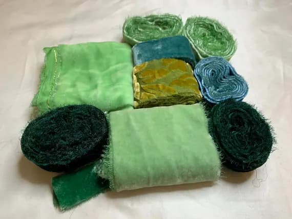 blue none - Hand Dyed Silk Velvet Fabric & Ribbon Remnant Lot Scrap Bag #39 Greens and Blue