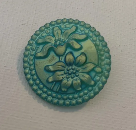 aqua none - Frosted Glass Iridescent Aqua Flowers Daisies Vintage Czech Glass Button 1-1/16”