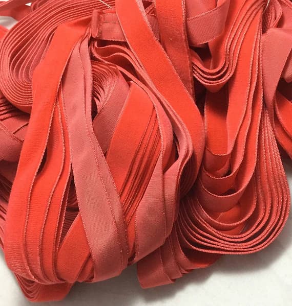 coral none - Vintage French Rayon VELVET Ribbon Taffeta Back -CORAL by the yard 5/8 inch