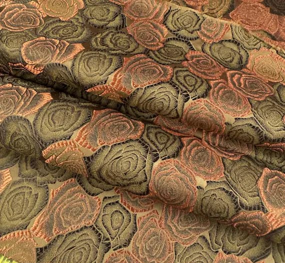 copper brocade fabric - Copper & Olive Green Roses Floral - Silk Brocade Fabric - 1/4 yard increments