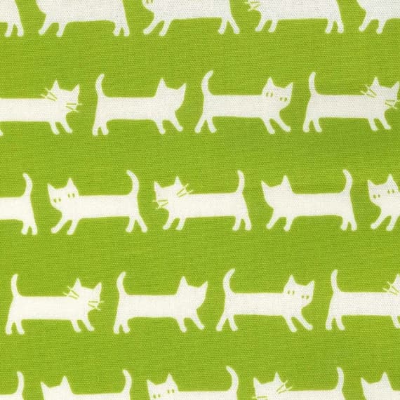 white cotton fabric - White Cats on Lime Green - EESCO Cotton Oxford Fabric