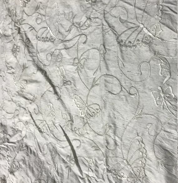 white dupioni fabric - White Embroidered Butterflies - Silk Dupioni Fabric