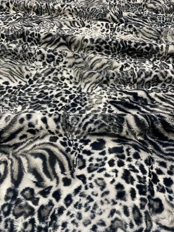 gray fabric - Luxe Wildcat Chromi Black White Gray - Cuddle Minky Faux Leopard Fur Fabric