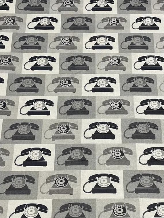 gray cotton fabric - Ring Ring Vintage Telephone Grey - Paintbrush Studio Cotton Fabrics