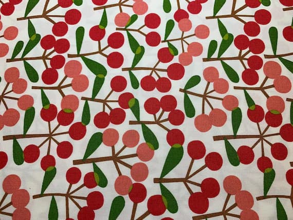 white cotton fabric - Pink Cherries on White - Mushroom & Cherry - Cosmo Japan Cotton Oxford Fabric