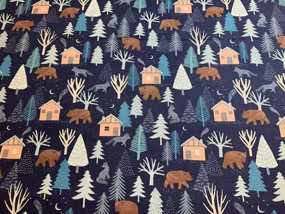 blue cotton fabric - 1/2 yard increments Dreaming of Snow Bears Blue - Clothworks by Rebecca Jones Cotton Fabric