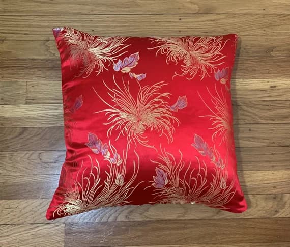 gold brocade fabric - Silky Brocade Pillow Cover - Red & Gold Mums Floral- Handmade