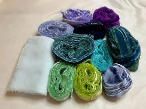 green none - Hand Dyed Silk Velvet Fabric & Ribbon Remnant Lot Scrap Bag #185 Blue Green Purple