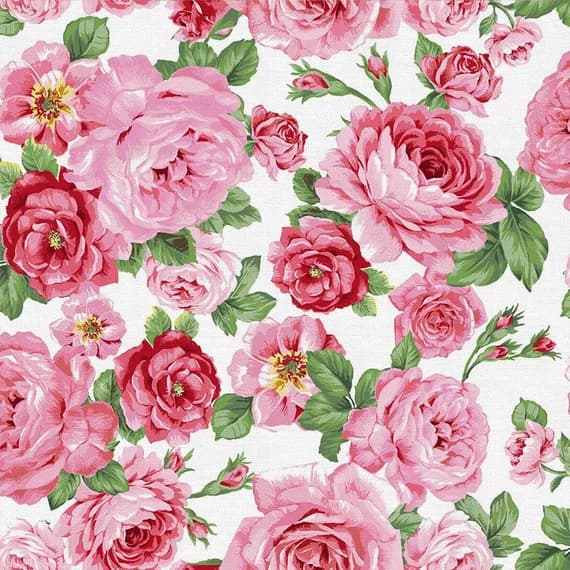 white cotton fabric - Rose Blooms on White - Spring Bouquet - by Ro Gregg for Paintbrush Studio 100% Cotton Fabric