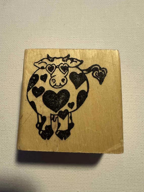 none - 1 7/8X 1 7/8" Fat Cow with Hearts Wood Mounted Rubber Stamp