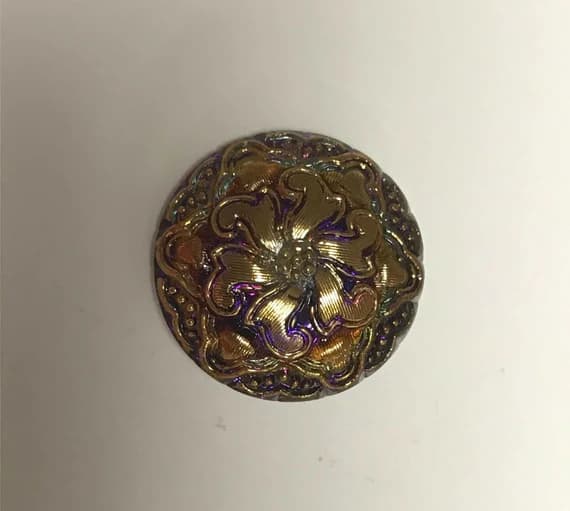 gold none - Vintage Glass Button - Mirror Back Iridescent Pink & Orange with Gold Flower 1-1/16"