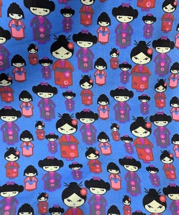 blue cotton fabric - Japanese Geishas on Blue - Poly/Cotton Broadcloth Fabric