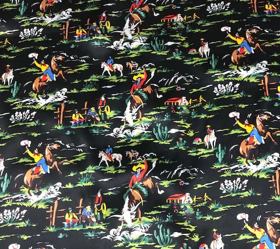black charmeuse fabric - Black Western Ranch Cowboys - Silk Charmeuse Fabric