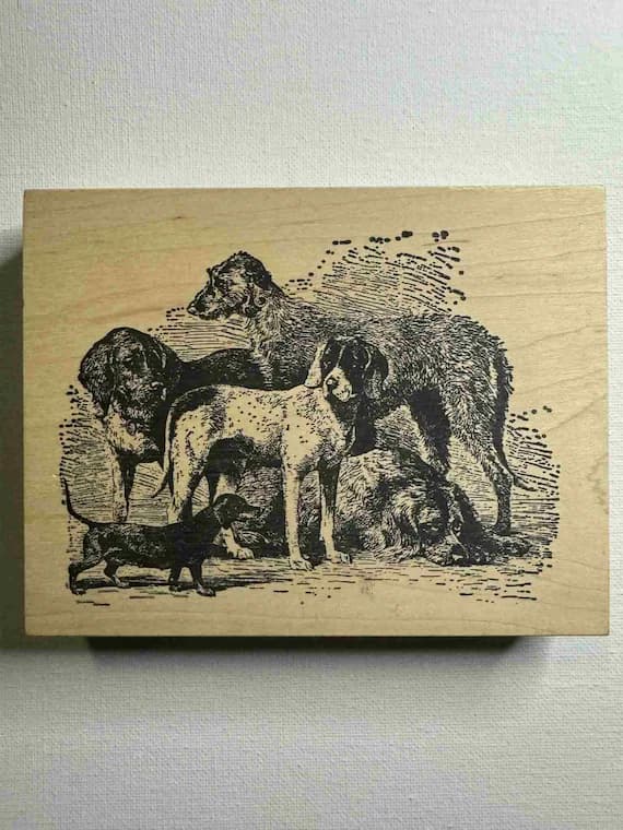 none - 4.25"x5.5" Dogs Wood Mounted Rubber stamp. By Love to Stamp