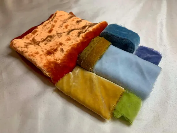 none - Hand Dyed Silk Velvet Fabric & Ribbon Remnant Lot Scrap Bag #127