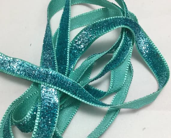 none - French VELVET Ribbon Lurex Metallic AQUAMARINE by the yard 10mm 3/8 inch