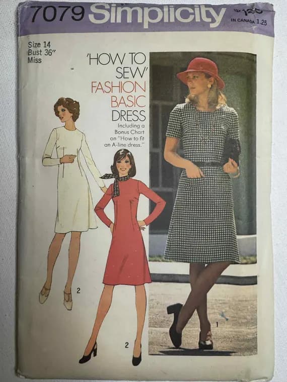 none - 1975 Simplicity Mod Dress Pattern #7079 Size: 14 Bust 36"