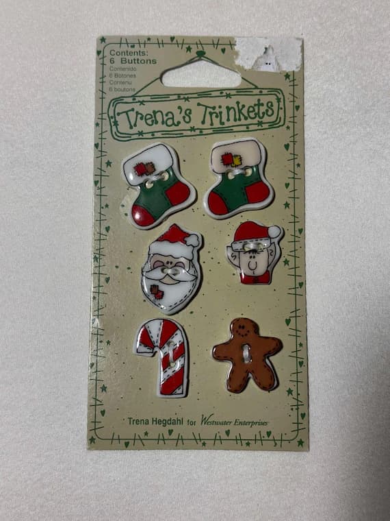 none - Christmas Santa; Elves; Candy Cane; Gingerbread Cookie; Stockings - Vintage Trena's Trinkets Ceramic Buttons Card