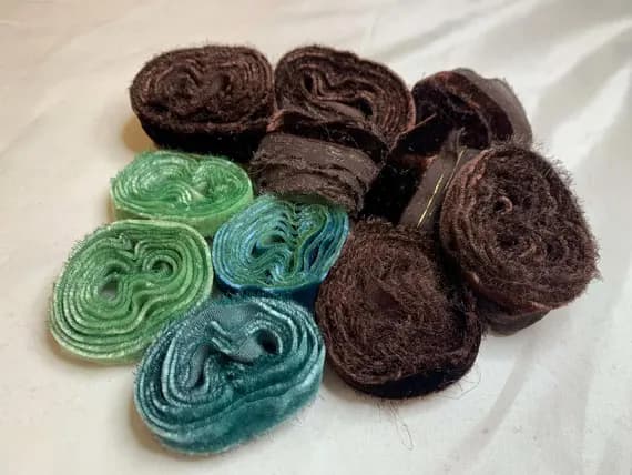 green none - Hand Dyed Silk Velvet Fabric & Ribbon Remnant Lot Scrap Bag #196 Brown Blue Green