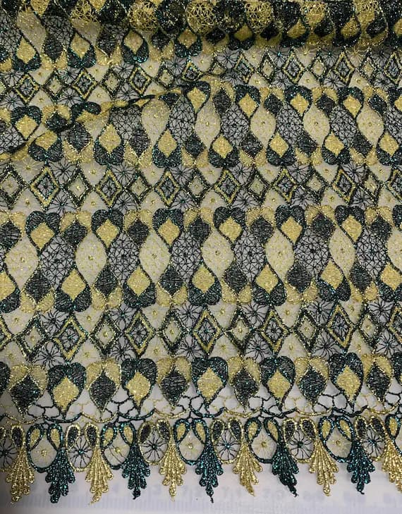 gold lace - Green & Gold Diamonds Geometric Lace - Schiffli Lace Fabric