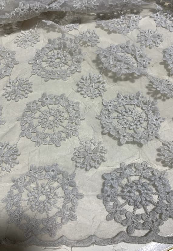 gray lace - Gray Floral Doilies Embroidered Organza Fabric