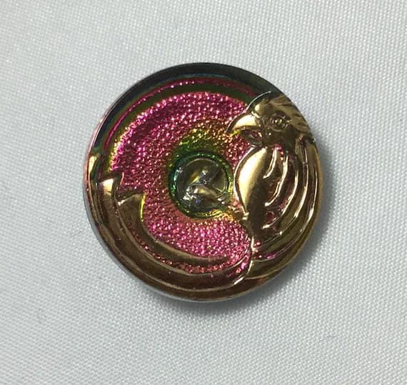 pink none - Vintage Glass Button - Mirror Back Iridescent Pink with Bird 7/8"
