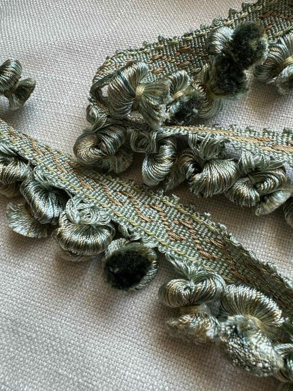 gold none - Vintage Sage Green Gold 2" Onion Ball Tassel Fringe on Jacquard Ribbon -by the yard-