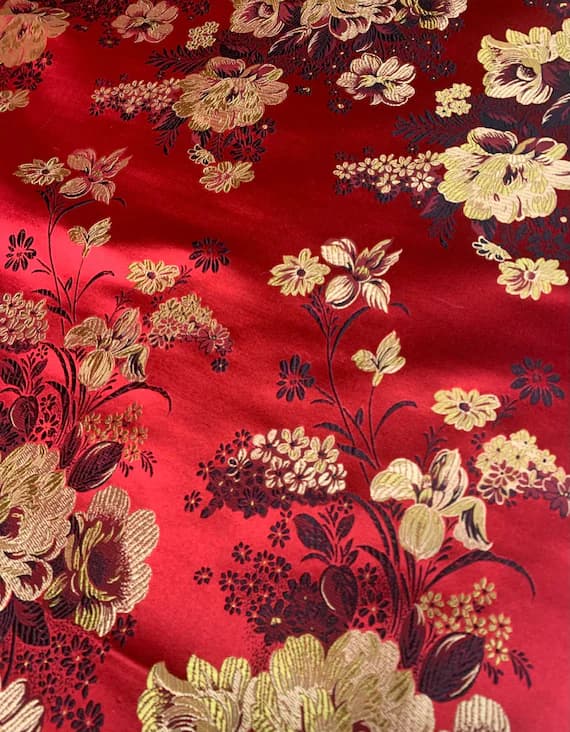 gold brocade fabric - Red with Gold Peonies Floral - Silk Brocade Fabric