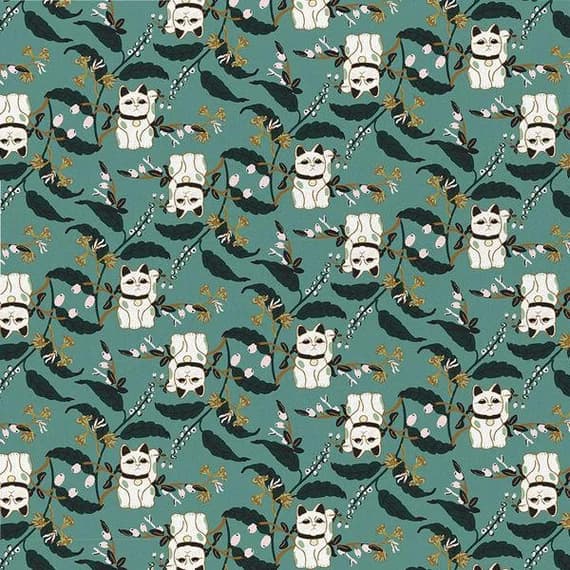teal cotton fabric - Imperial Garden - Lucky Cat Teal - Paintbrush Studio Cotton Fabrics
