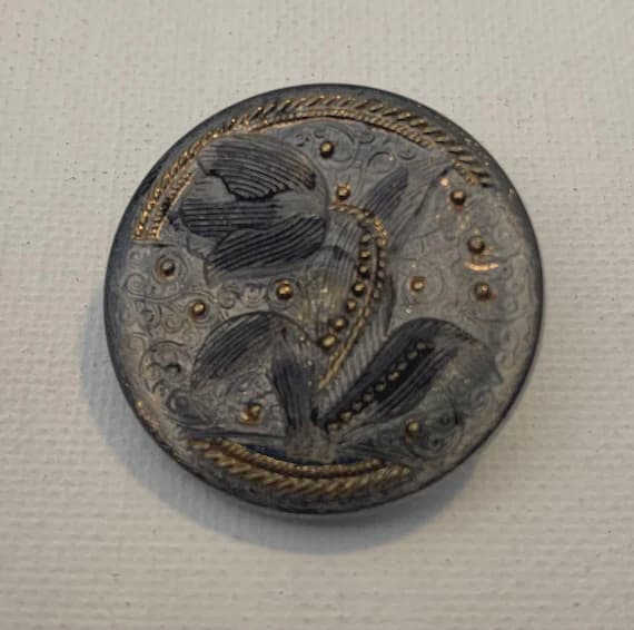 gold none - Smoky Gray Flowers w/ Gold Luster Glass Vintage Czech Glass Button 1-3/16”