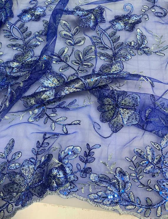 silver lace - Royal Blue & Silver Floral Sequin Embroidered Tulle Lace Fabric
