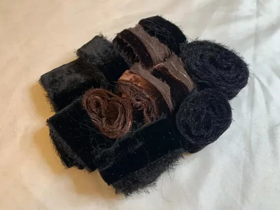 black none - Hand Dyed Silk Velvet Fabric & Ribbon Remnant Lot Scrap Bag #43 Black and Chocolate Brown