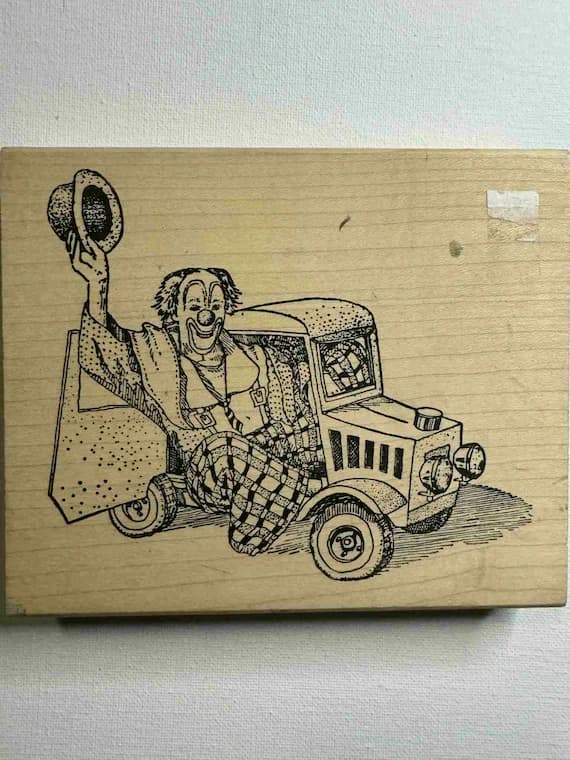 none - 5"x6" Extra Large Clown Car Wood Mounted Rubber Stamp. By: Love You To Bits