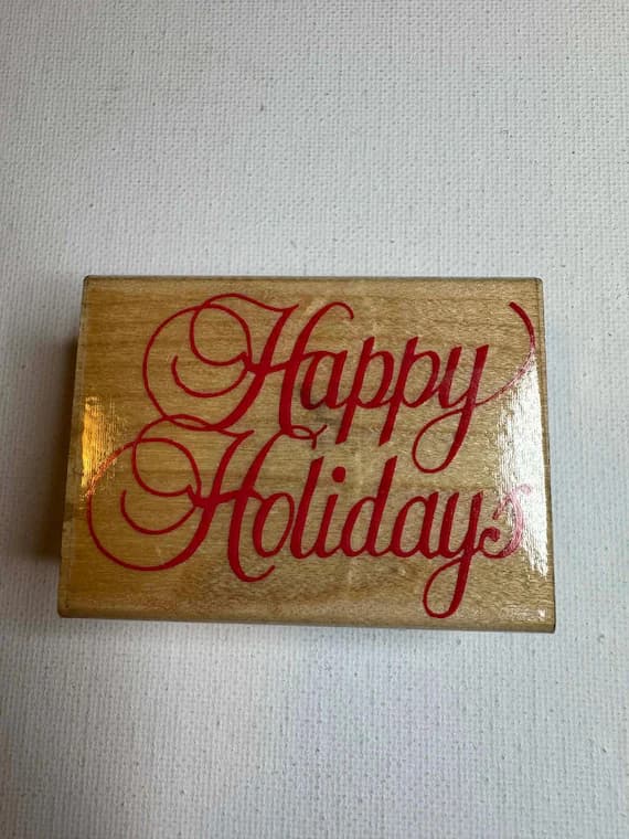 none - 1.75"x2.5" 1995 Happy Holidays Script Wood Mounted Rubber Stamp (E387) By Hero Arts