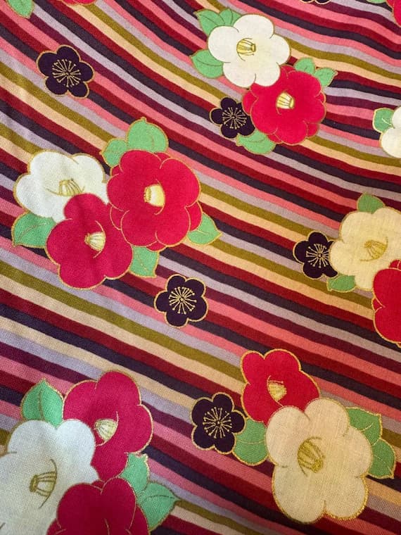 cotton fabric - Japan Modern Metallic Asian Floral Stripe - Quilt Gate Cotton Sheeting Fabric