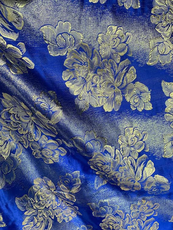 gold brocade fabric - Royal Blue & Gold Roses - Faux Silk Brocade Jacquard Fabric
