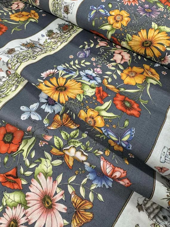 gray cotton fabric - Garden Stroll by Maywood Studio 100% Cotton Fabric -Butterfly Floral Stripe Gray