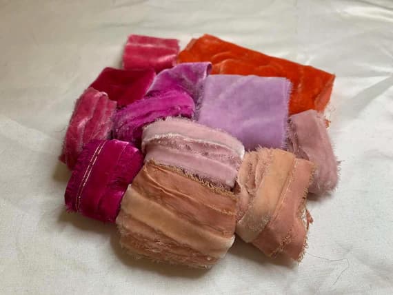 pink none - Hand Dyed Silk Velvet Fabric & Ribbon Remnant Lot Scrap Bag #16 Pink and Orange Sunrise