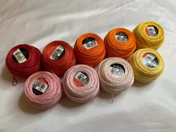 none - lot of 9 DMC 116 8 Perle Cotton Thread Balls; Size 8 brand new #58-1 sunset colors