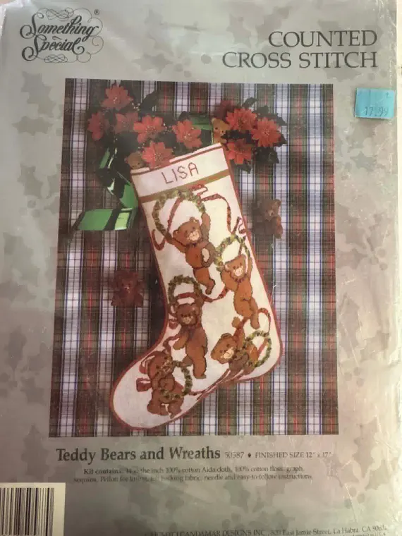 fabric - Something Special. Teddy Bears with Wreaths. Counted Cross Stitch Stocking Vintage Kit New In Package.