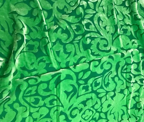 kelly velvet fabric - Bright Kelly Green Scroll - Hand Dyed Burnout Silk Velvet