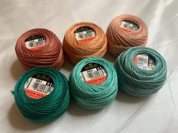 peach none - lot of 6 DMC 116 8 Perle Cotton Thread Balls; Size 8 brand new #45 peach & teal