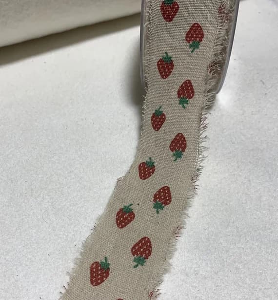 none - Strawberries Linen/Cotton Frayed Edge Ribbon Trim Made in France 2" wide